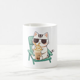 Kawaii Chibi Katze mit Sonnenbrille beim Trinken e Kaffeetasse