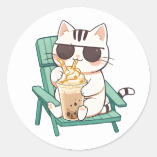 Kawaii Chibi Katze mit Sonnenbrille beim Trinken e Runder Aufkleber