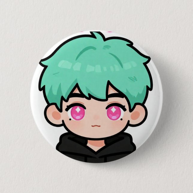 Kawaii Chibi Mint Haar Junge Button Pin (Vorderseite)