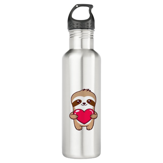 Kawaii Chibi Sloth Hugging Herz � Niedlich Adorabl Edelstahlflasche (Vorderseite)