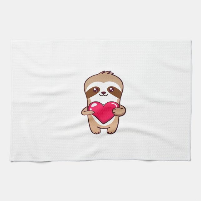 Kawaii Chibi Sloth Hugging Herz � Niedlich Adorabl Geschirrtuch (Horizontal)