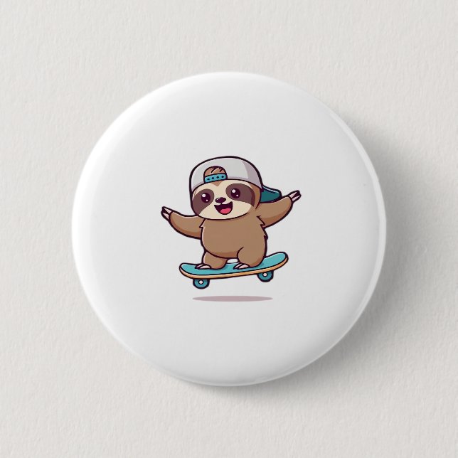 Kawaii Chibi Sloth Skater � Niedlich Funny Skatebo Button (Vorderseite)