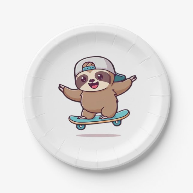 Kawaii Chibi Sloth Skater � Niedlich Funny Skatebo Pappteller (Vorderseite)