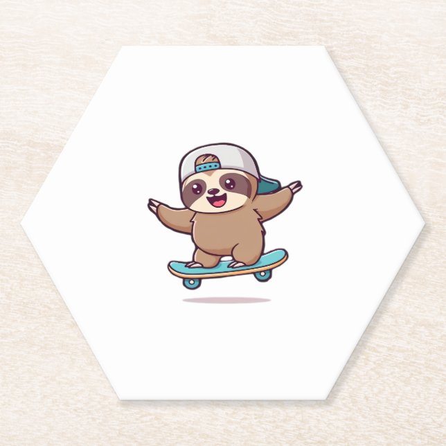 Kawaii Chibi Sloth Skater � Niedlich Funny Skatebo Untersetzer (Vorderseite)