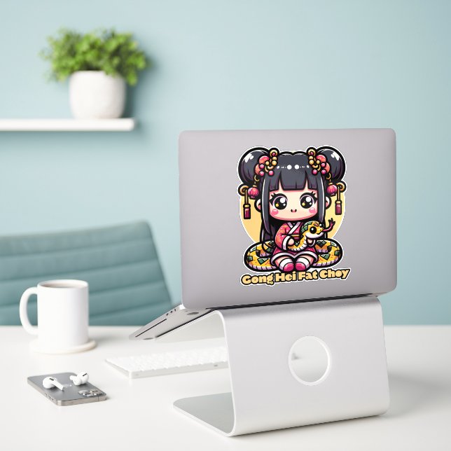 Kawaii Chinesische Neujahrsnacht und Mädchen Aufkleber (Laptop auf Schreibtisch)