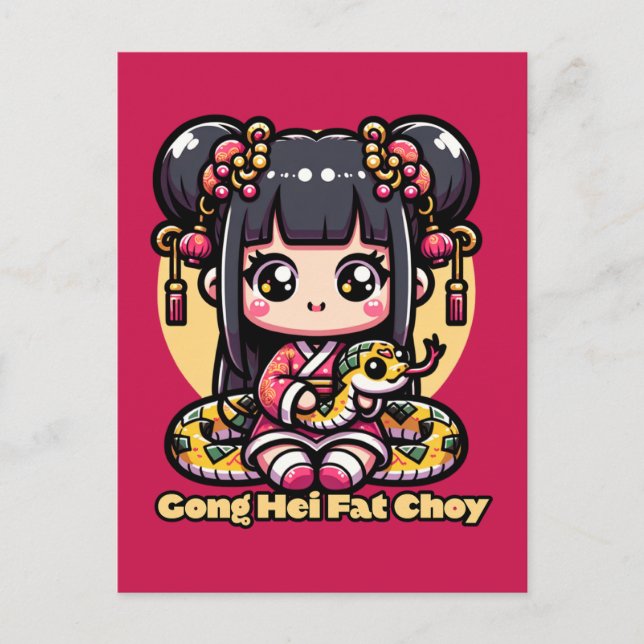 Kawaii Chinesische Neujahrsnacht und Mädchen Postkarte (Vorderseite)