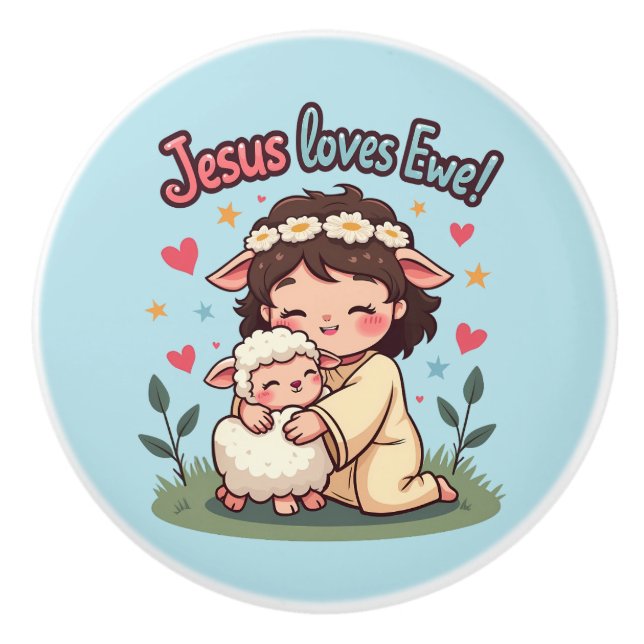 Kawaii Christlich "Jesus Lieben Ewe" Pasteldesign Keramikknauf (Vorderseite)