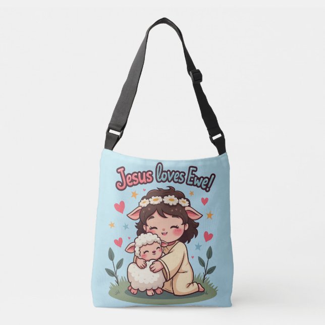 Kawaii Christlich "Jesus Lieben Ewe" Pasteldesign Tragetaschen Mit Langen Trägern (Vorderseite)