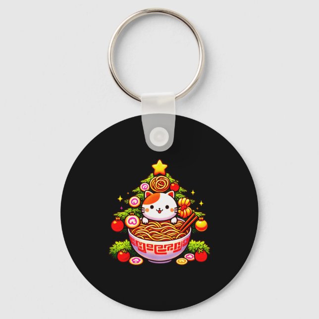 Kawaii Christmas Cat Ramen Christmas Tree Holiday  Schlüsselanhänger (Vorderseite)