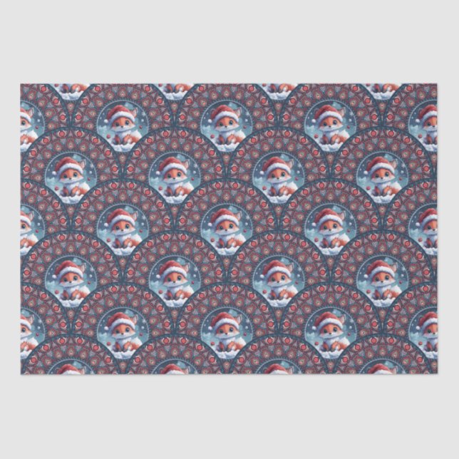 Kawaii Christmas Fox Art Deco Dot Mandala Scallops Seidenpapier (Vorderseite)
