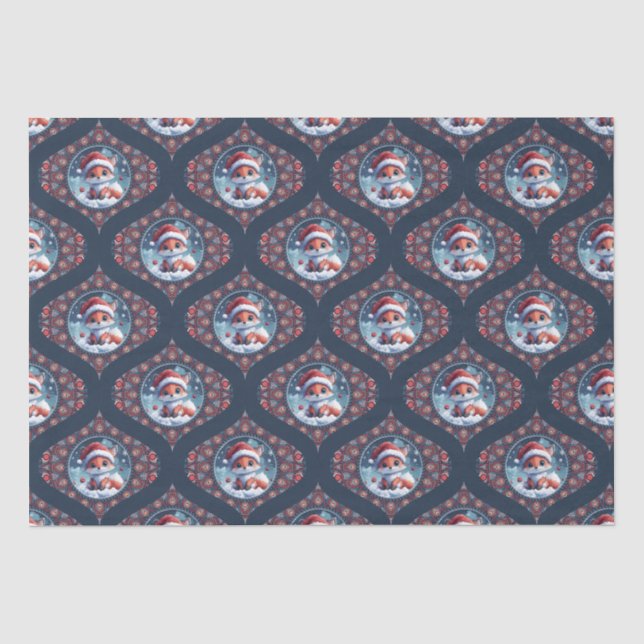 Kawaii Christmas Fox Dot Mandala Ogee Damask Seidenpapier (Vorderseite)