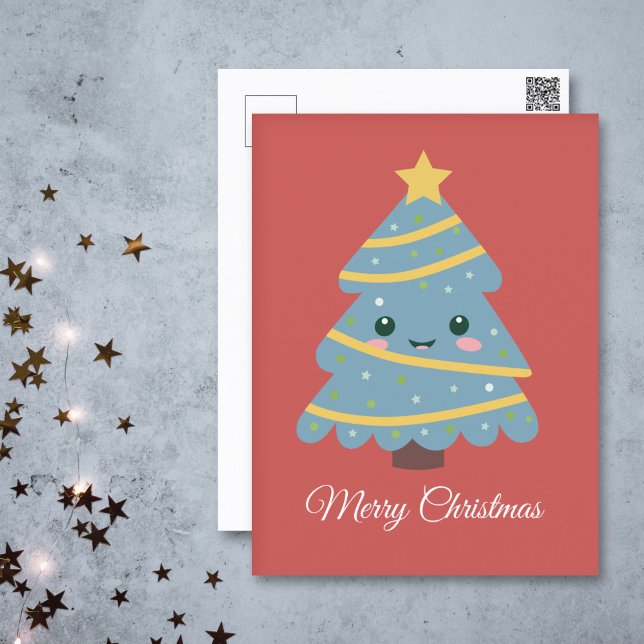 Kawaii Christmas Tree Postcard Postkarte (Kawaii Christmas Tree Red Postcard)