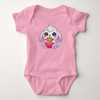 Kawaii Chubby Bunny Hugging Strawberry Baby Strampler