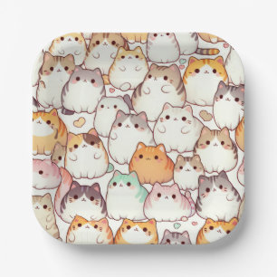 Kawaii Chubby Cartoon Katzen mit Herz Pappteller