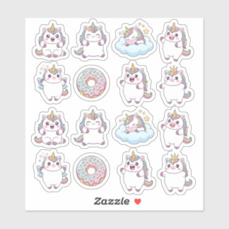 Kawaii Chubby Unicorn & Donut Sticker Sheet - Nied