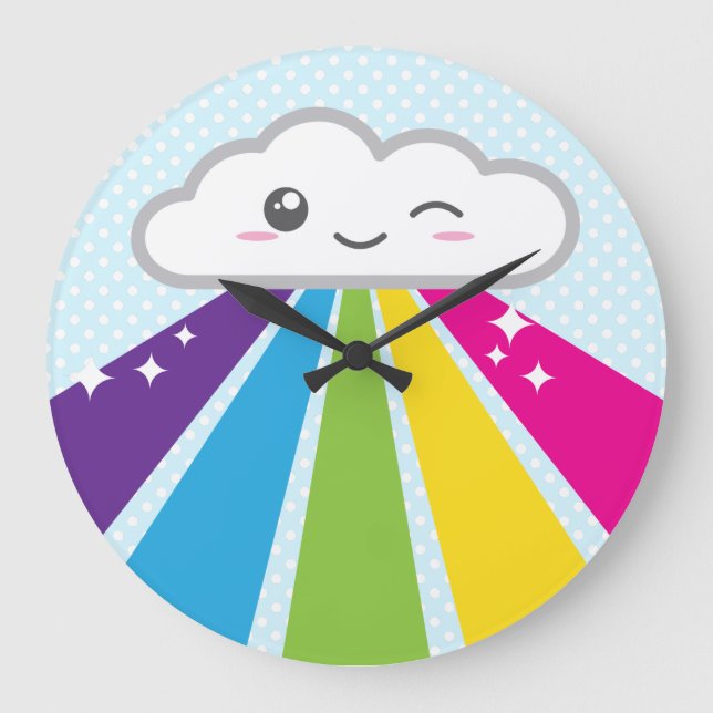 Kawaii Cloud and Rainbow Wall Clock Große Wanduhr (Vorderseite)