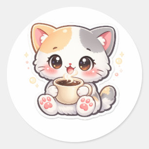 Kawaii Coffee Cat Runde Aufkleber – Süße Kätzchen