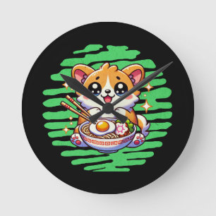 Kawaii Corgi essen Schüssel Ramen Runde Wanduhr