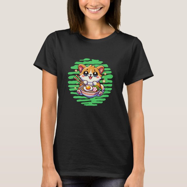 Kawaii Corgi essen Schüssel Ramen T-Shirt (Vorderseite)