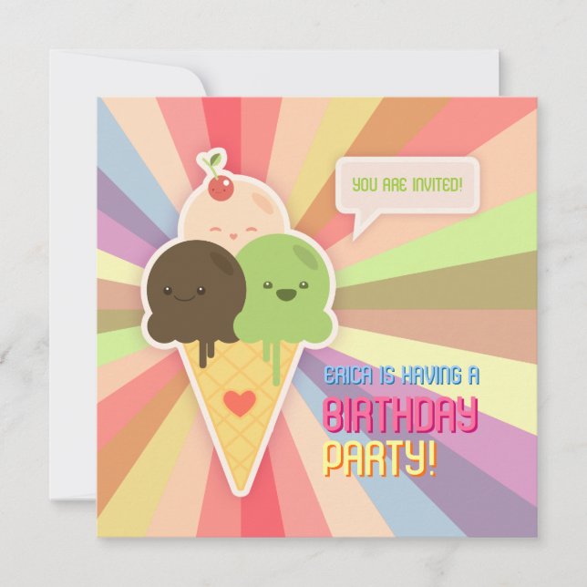 Kawaii Crème de glace Invitation fête d'anniversai (Devant)