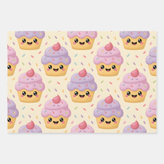 Kawaii Cupcake Geschenkpapier Set (Vorderseite)