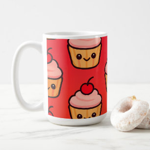 Kawaii Cupcake Grid mit lächelnden Gesichtern und  Kaffeetasse