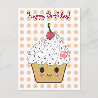 Kawaii Cupcake in Polka Dots "Happy Birthday" Postkarte