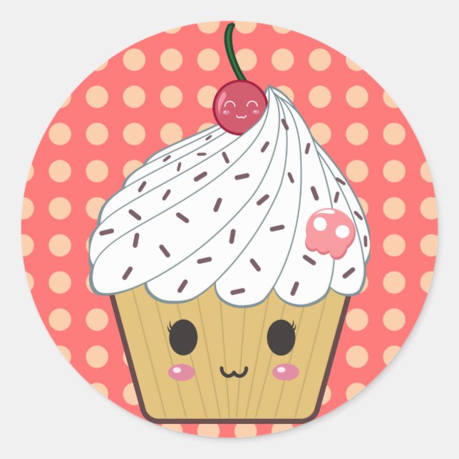 Kawaii Cupcake in Polka Dots Runder Aufkleber (Vorderseite)