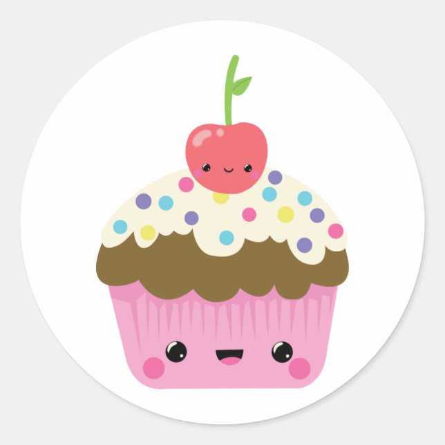 Kawaii Cupcake mit Cherry oben Runder Aufkleber (Vorderseite)