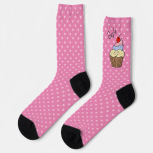 Kawaii-Cupcake mit Namen und Herz Rosa Crew Socken