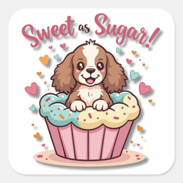 Kawaii Cupcake Pup: Sweet as Sugar! Quadratischer Aufkleber (Vorderseite)