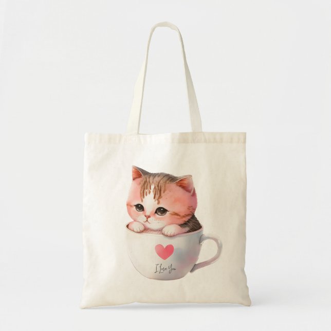 Kawaii Cute Striped Pink Chibi Cat Tragetasche (Vorne)