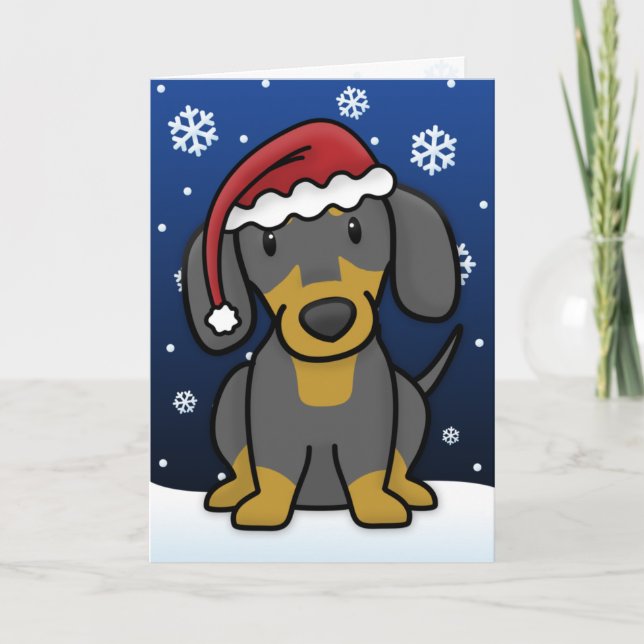 Kawaii Dackel Weihnachtskarte (Black & Tan) Feiertagskarte (Vorderseite)