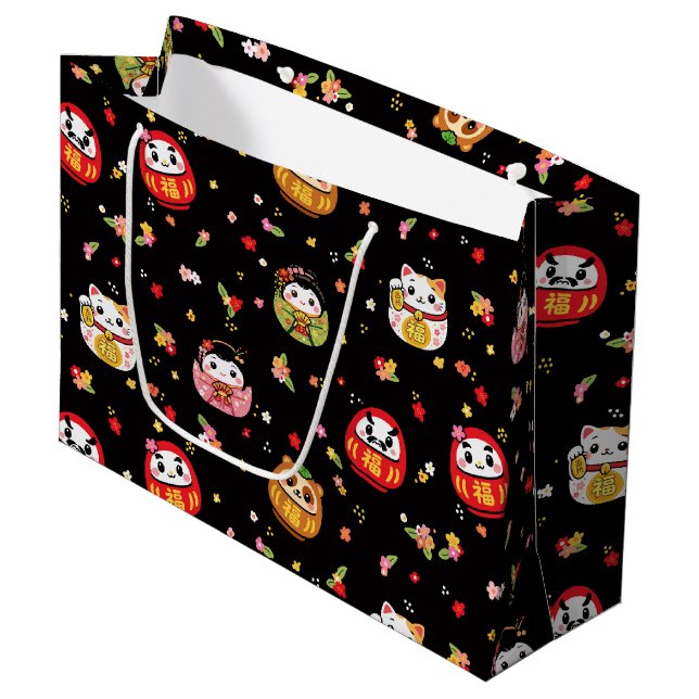 Kawaii-Daruma-Muster Große Geschenktüte (Vorderseite Schrägansicht)