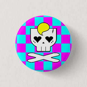 KAWAII DEATHROCK TOTENKOPF SCHACHBRETT ROSA TÜRKIS BUTTON