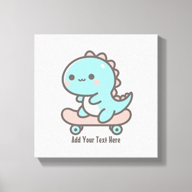 Kawaii Dino auf Skateboard Personalisierter Text Leinwanddruck (Vorderseite)