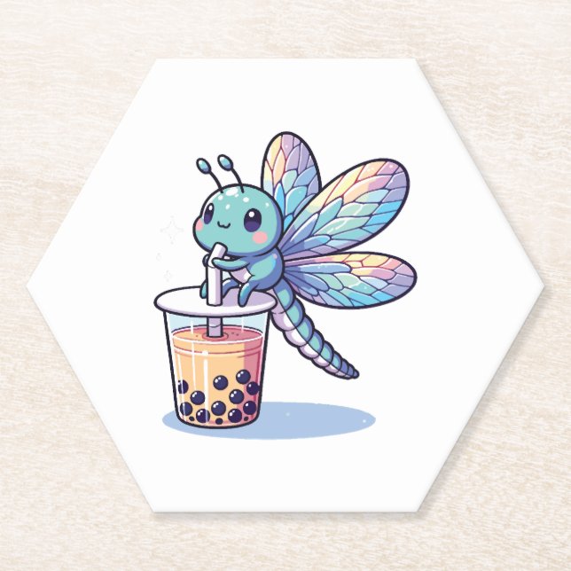 Kawaii Dragonflies Bubble Tea Boba Dragonfly Untersetzer (Vorderseite)