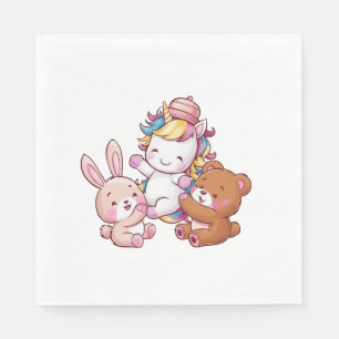 Kawaii-Einhorn mit Hase und Teddybär Langarm Serviette