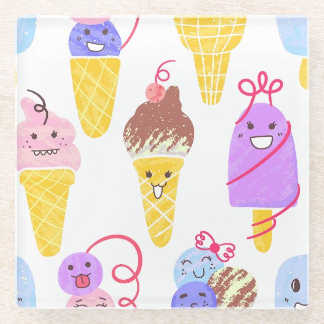 Kawaii Eis, niedlich, nahtlos. Glasuntersetzer (Vorderseite)
