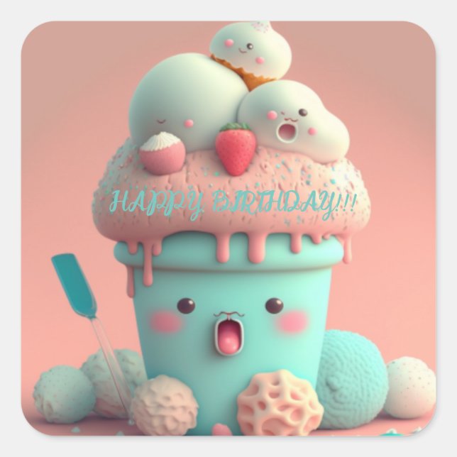 Kawaii-Eisbecher Quadratischer Aufkleber (Vorderseite)