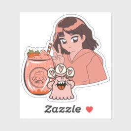 Kawaii Erdbeer-Smoothie und Friedenszeichen Anime- Aufkleber