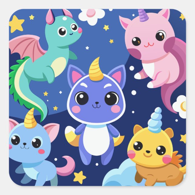 Kawaii Fantasy-Kreaturen Quadratischer Aufkleber (Vorderseite)