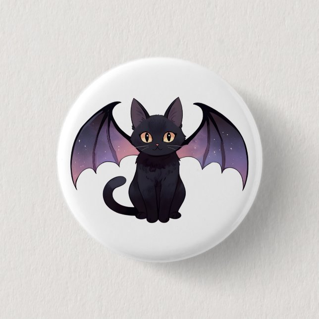 Kawaii Fledermausflügel schwarze Katze Halloween Button (Vorderseite)