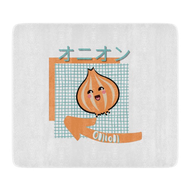 kawaii food- niedliche Zwiebel, orange, türkis Schneidebrett (Vorderseite)