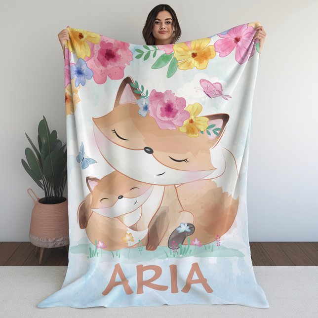 Kawaii Fox mit Blume mit Individuelle Name Fleecedecke (Kawaii Fox with Flowers with Custom Name Fleece Blanket)