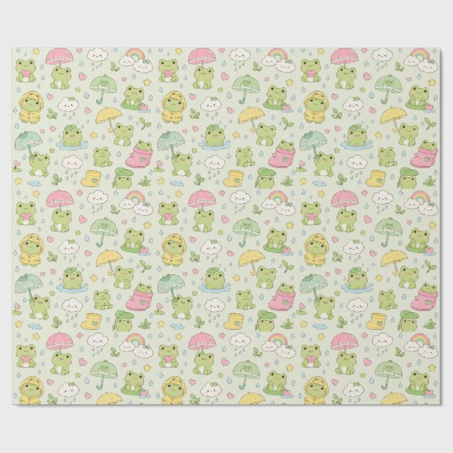 Kawaii Frog Rainy Day Pattern Wrapping Paper Geschenkpapier (Flach)