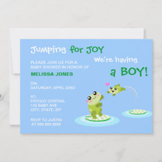 Kawaii Frosch Springen für Freude Blue Boy Baby Sh Einladung