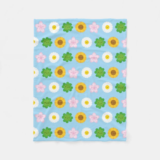Kawaii Frühlingsblumen (blau) Fleecedecke (Vorderseite)