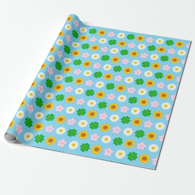 Kawaii Frühlingsblumen (blau) Geschenkpapier (Ungerollt)