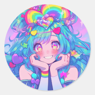 Kawaii Fun Rainbow Anime Girl Runder Aufkleber